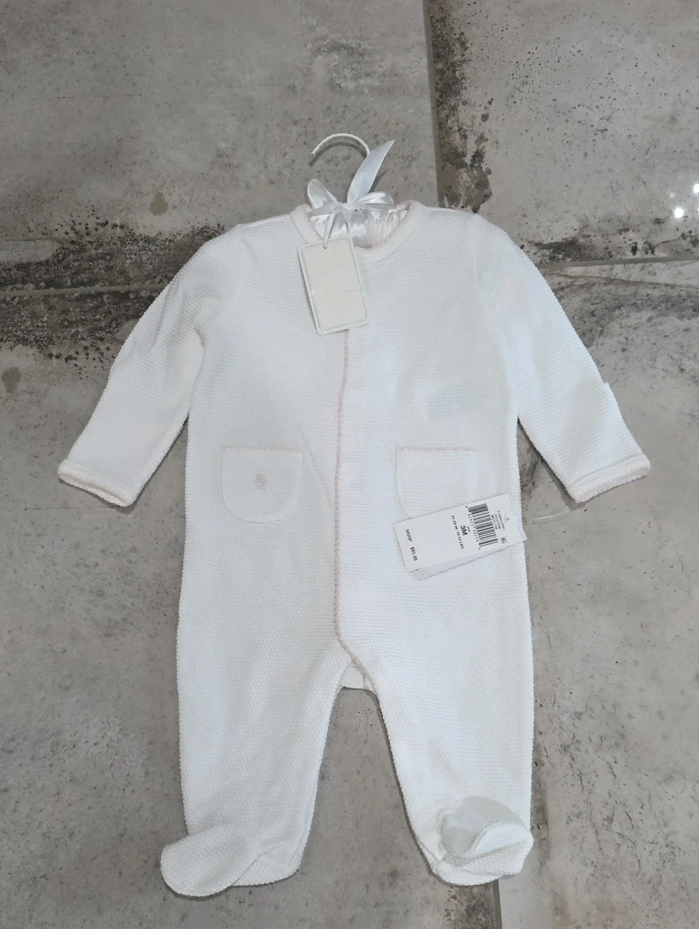 NWT 3M $85 Ralph Lauren White Baby Footed One-Piece with Pale Pink Trim